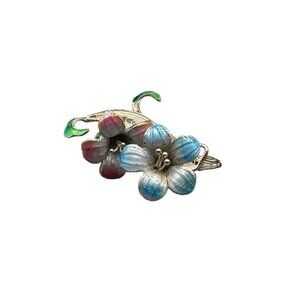 Vintage Sterling Silver Flowers Pin Filigree and Enamel Pastel Colors Pink Blue